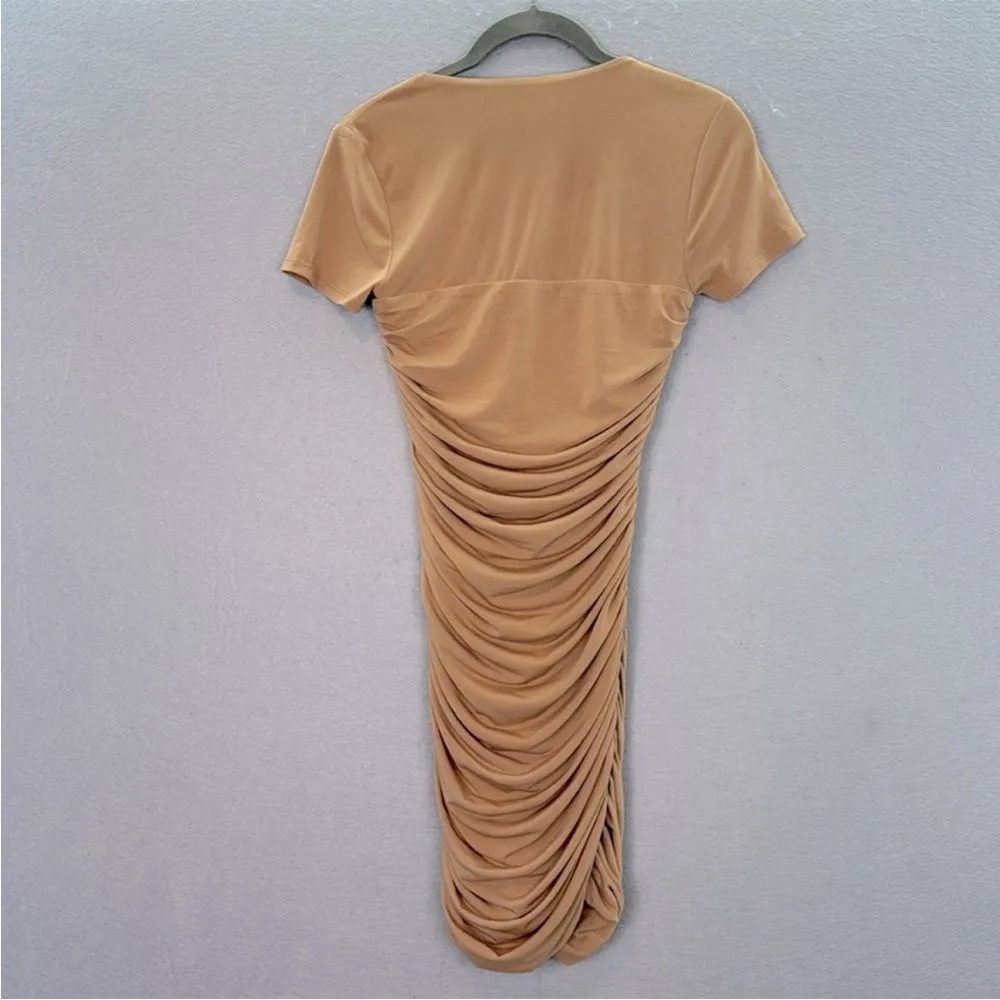 H:ours - women’s Martie Tan Ruched mini Dress short sleeve square neckline S - Image 9