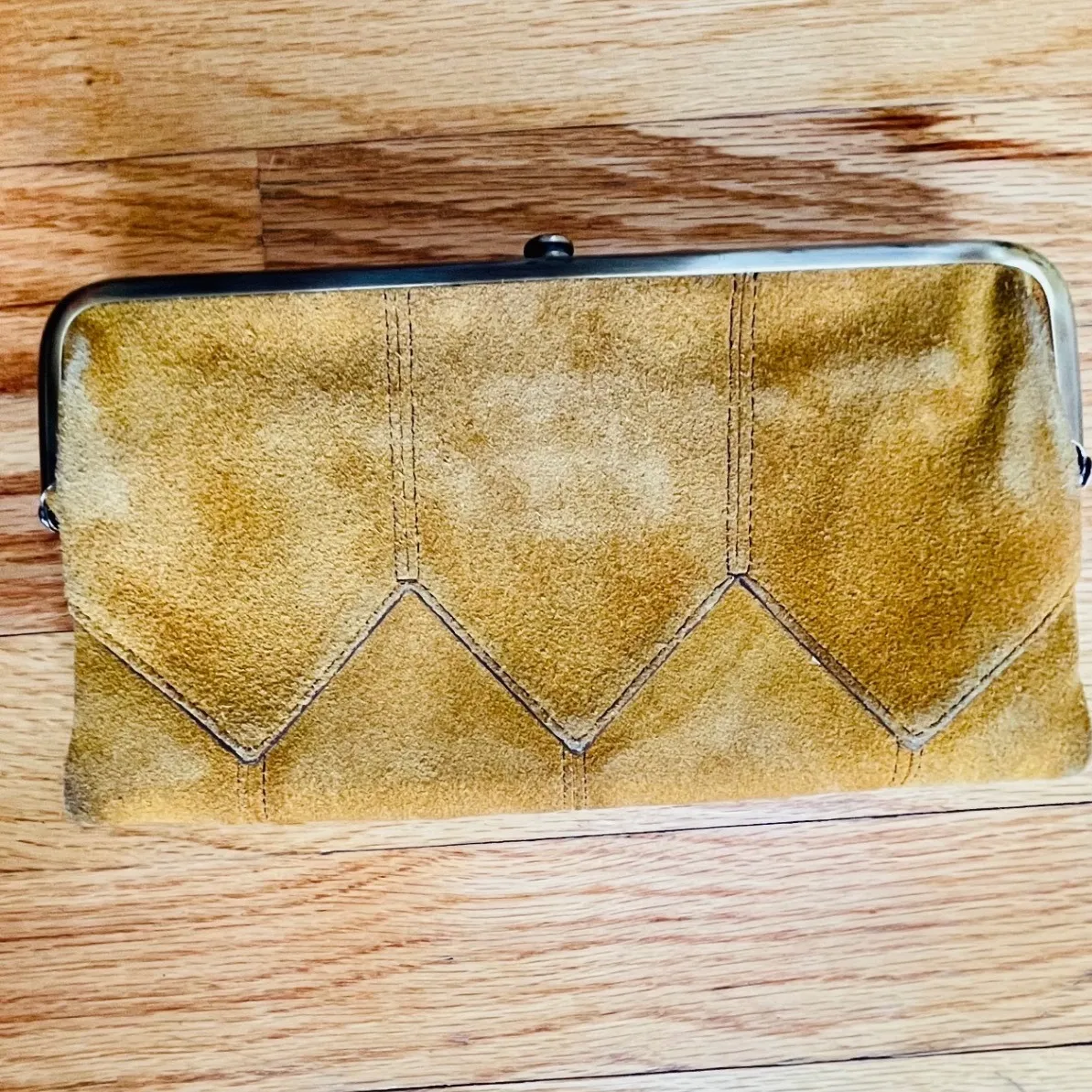 Hobo International Lauren Suede Clutch Wallet Brown Leather Floral Lining Tan - Image 2