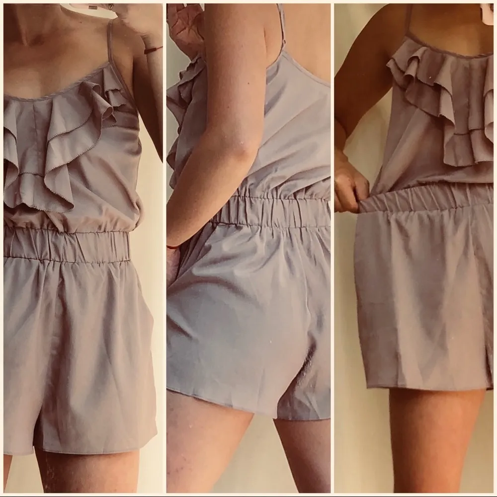 Taupe Ruffled Spaghetti Strap Romper Shorts - Image 2