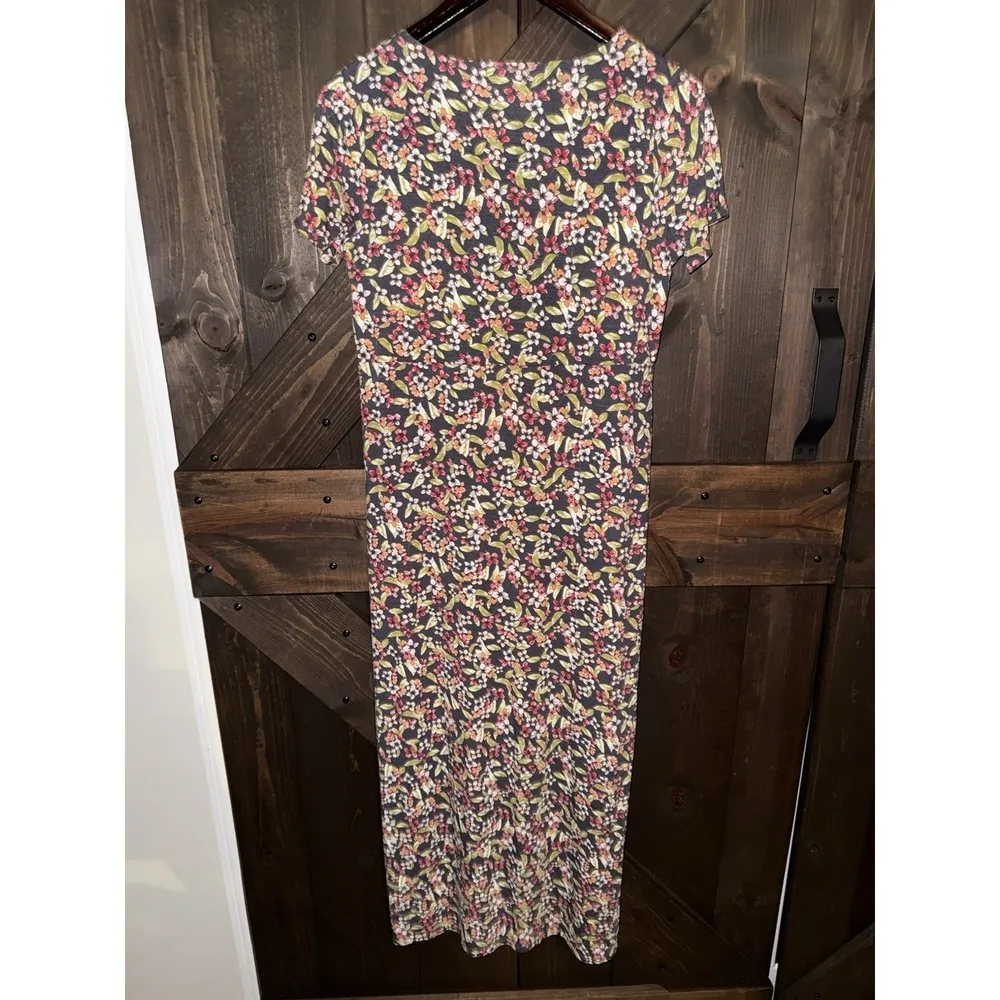 J Jill Womens XS Knit Dress Black Floral Midi Short Sleeve Classic VNeck Stretch - Image 4