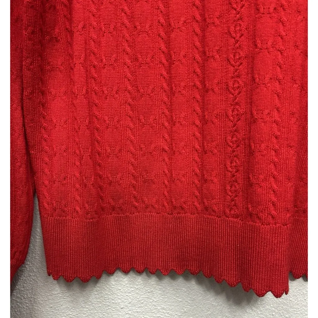 Adriana Papell Cable Knit Sweater Size Medium Red Jeweled Lettuce Hem Viscose - Image 5