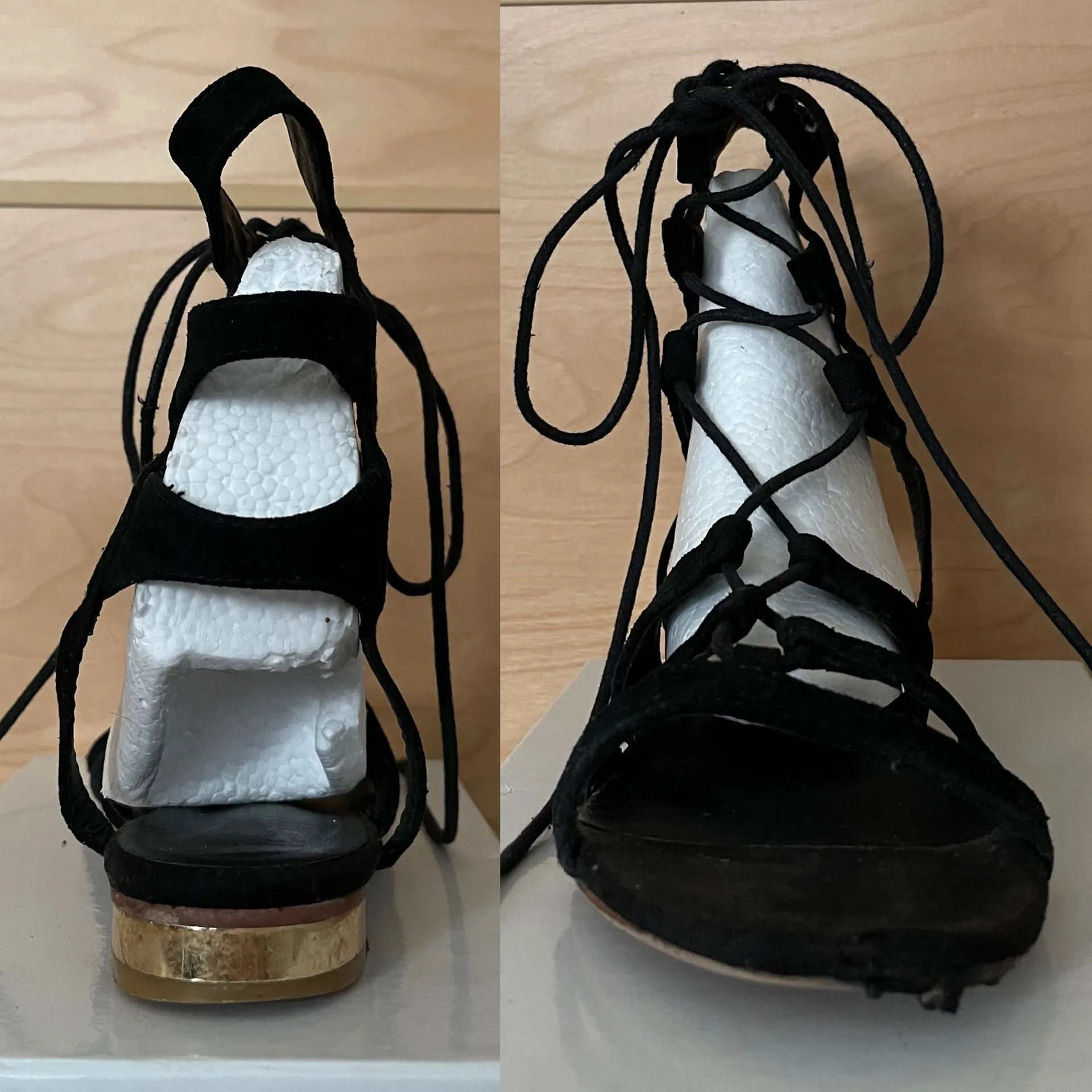 Black Faux Suede Lace Up Gladiator Boho Bohemian Sandals - Image 3