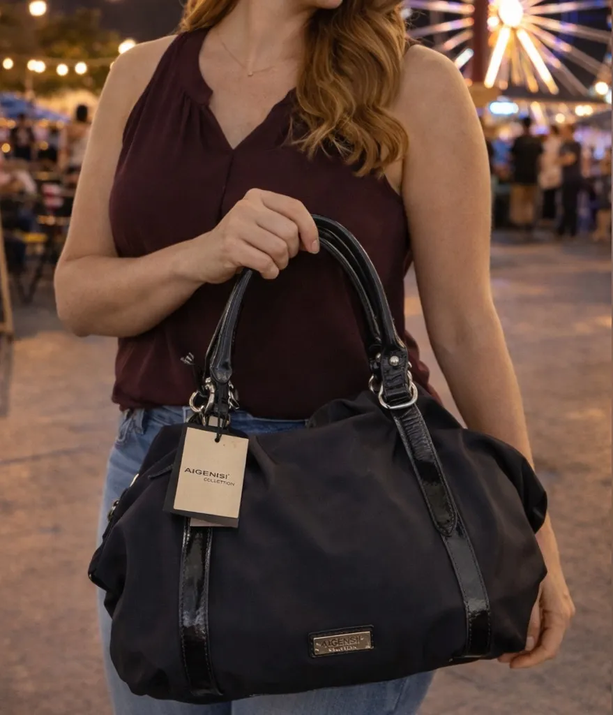 NWT Aigenisi Collection Black Nylon & Patent Leather Handbag | Purse - Image 1