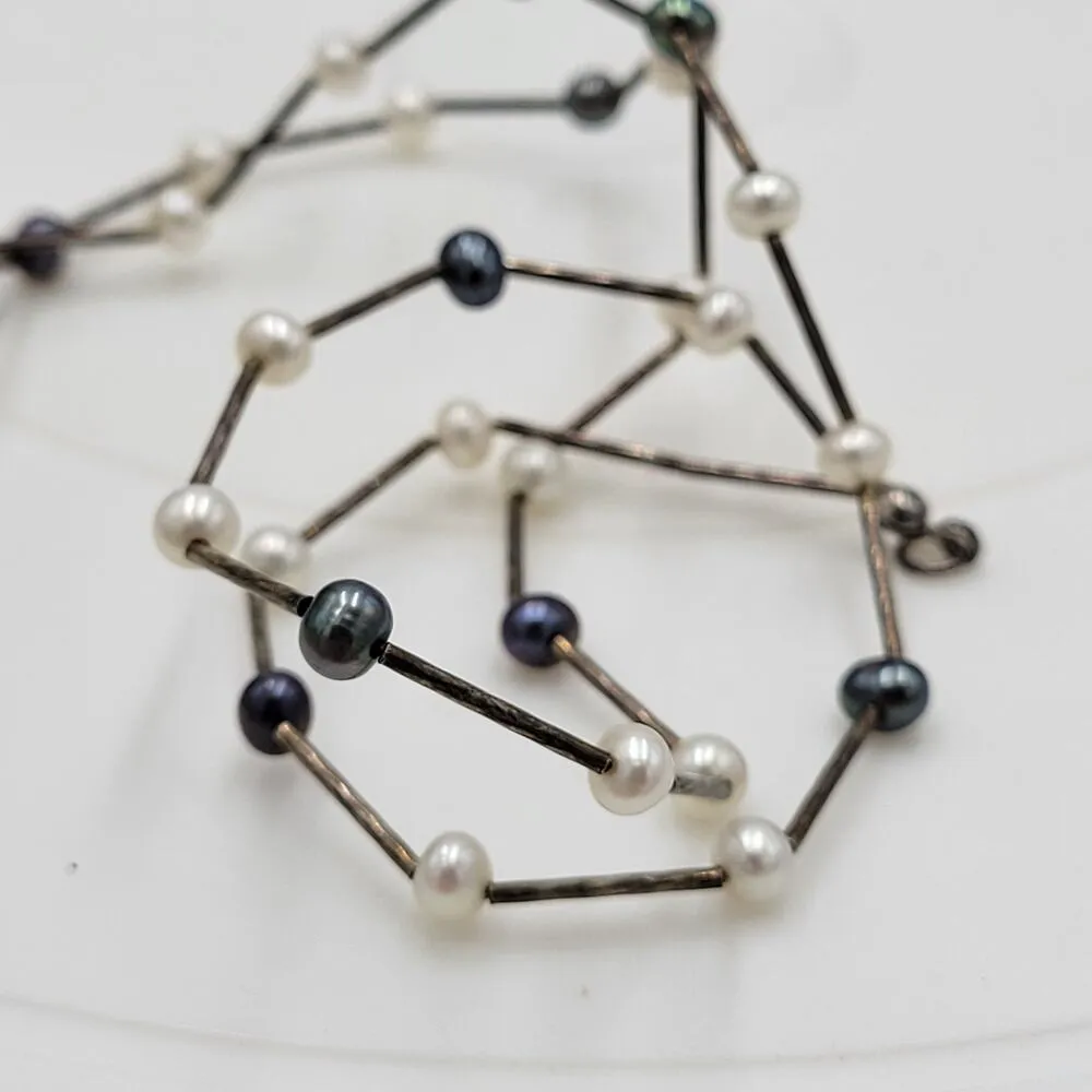 Vintage Womens Station Necklace Silver Blue Tahitian Freshwater Pearl Beaded - Image 4