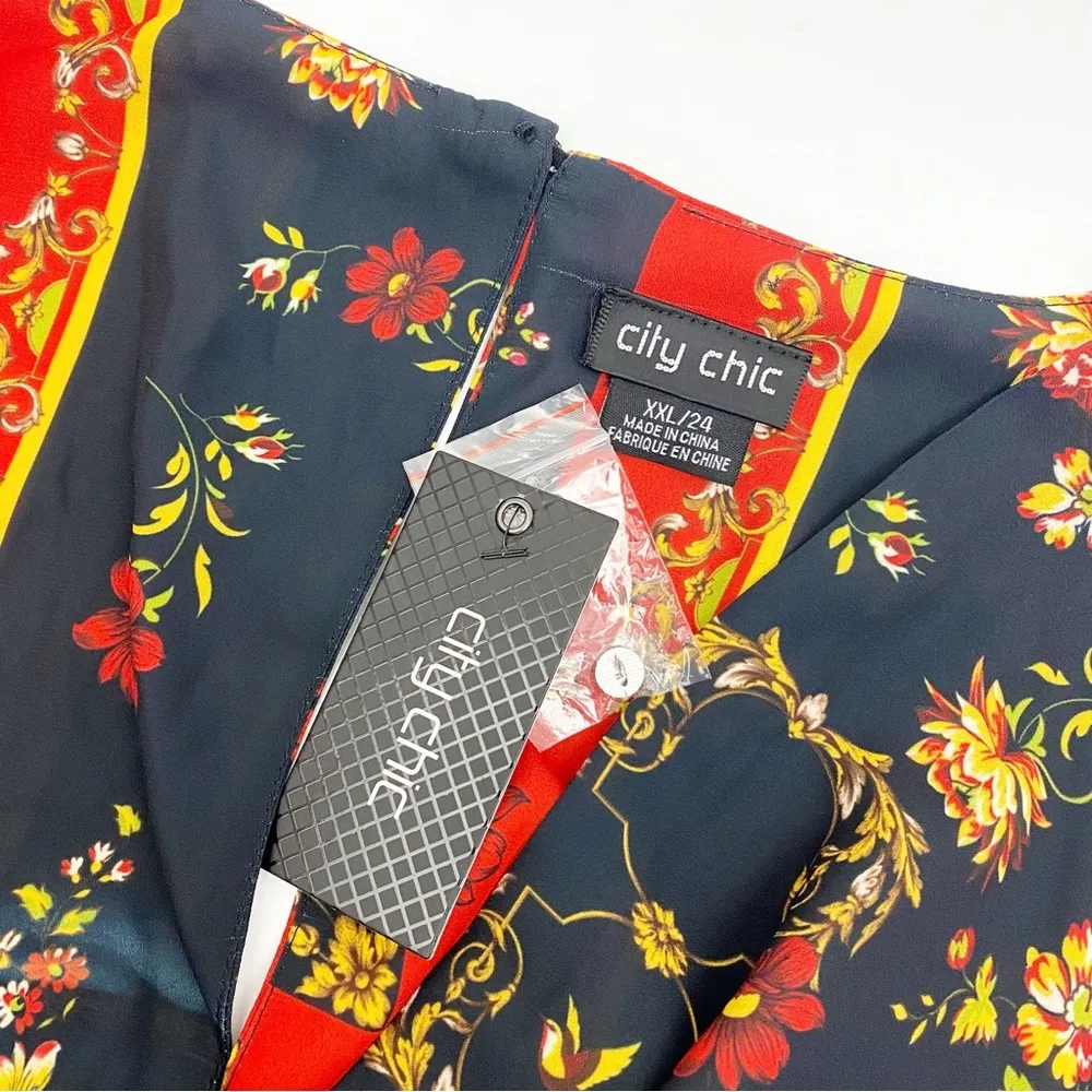 City Chic Printed Scarf Faux Wrap Midi Dress: Floral Patchwork Red Black - Image 10