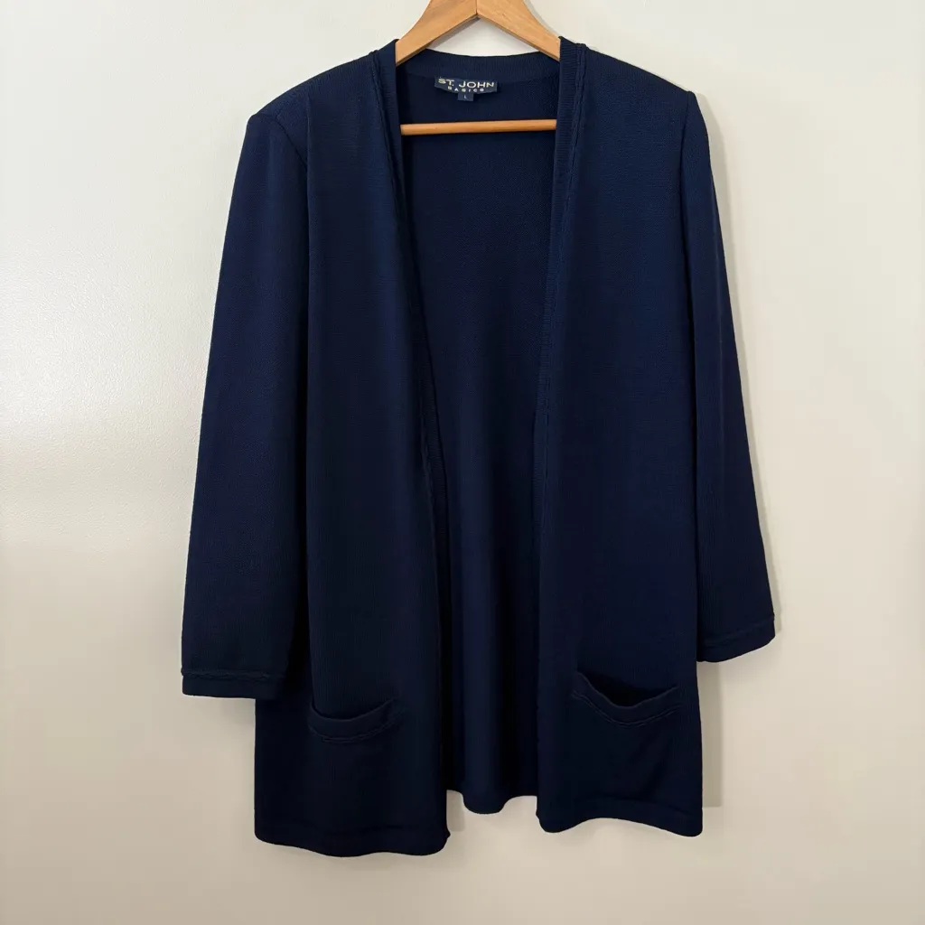 St. John Basics Santana Knit Open Front Cardigan Braided Trim Navy Size Large - Image 2
