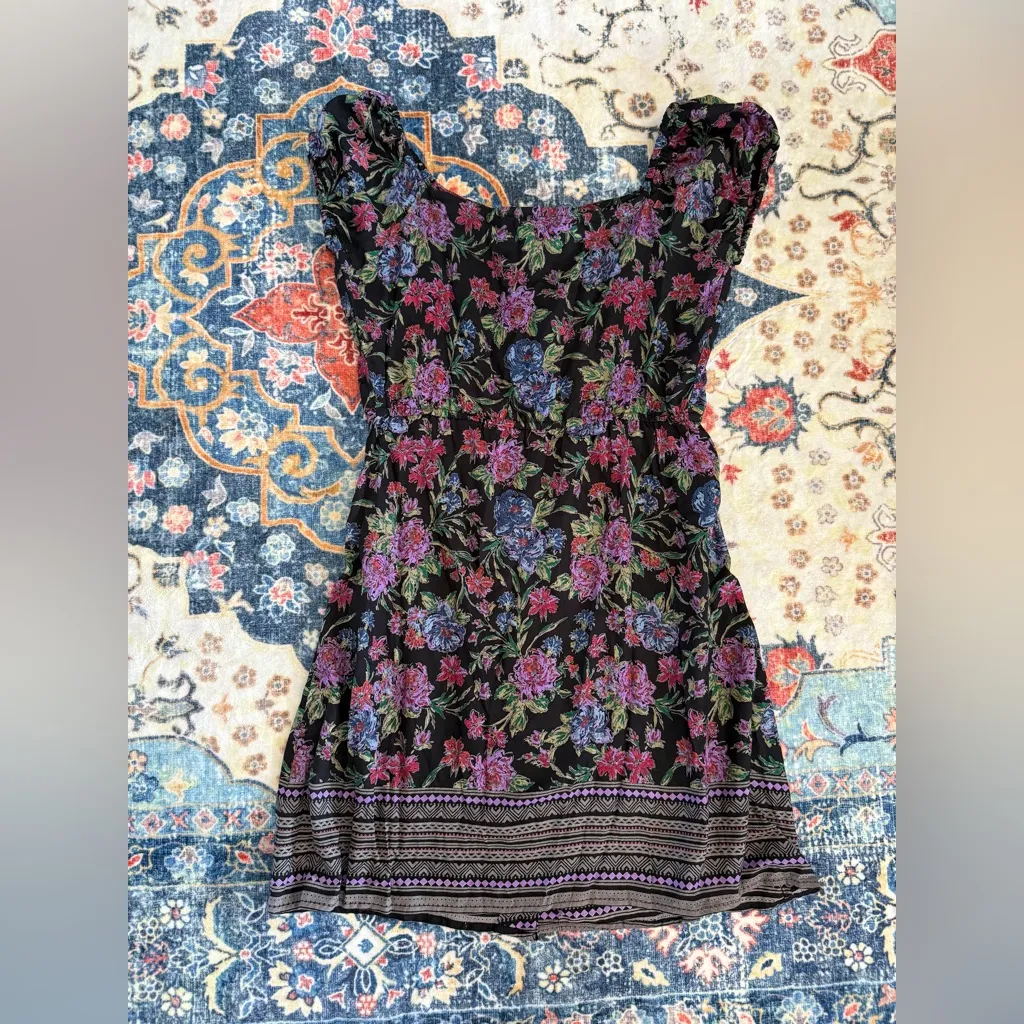 248 Angie Black Floral Cottage Core Mini Dress Purple Black Medium - Image 2