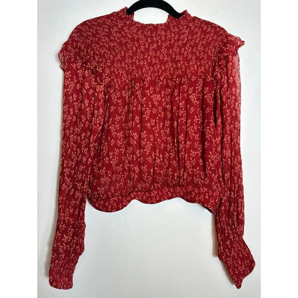 Free People Roma Blouse Red Sheer  Puffy Sleeve Boho Bohemian Top Size XS - Image 6