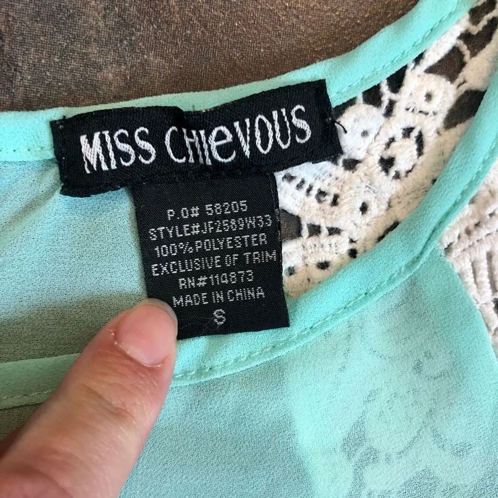 Miss Chievous Women’s Sheer Turquoise White Top Crochet Cap Sleeves Size Small - Image 7