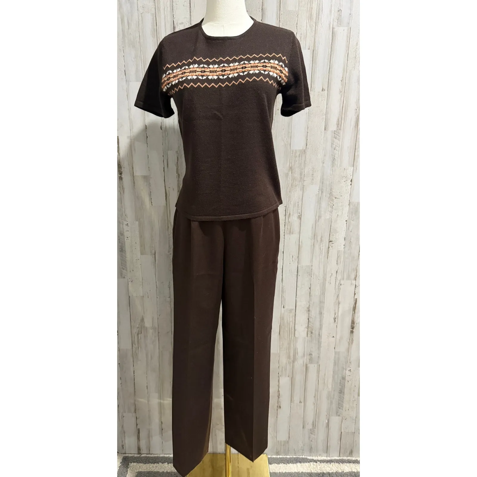 Kasper Suit Set Womens Petite 6P Brown Knit Sweater Top & Dress Pants 2pc - Image 2