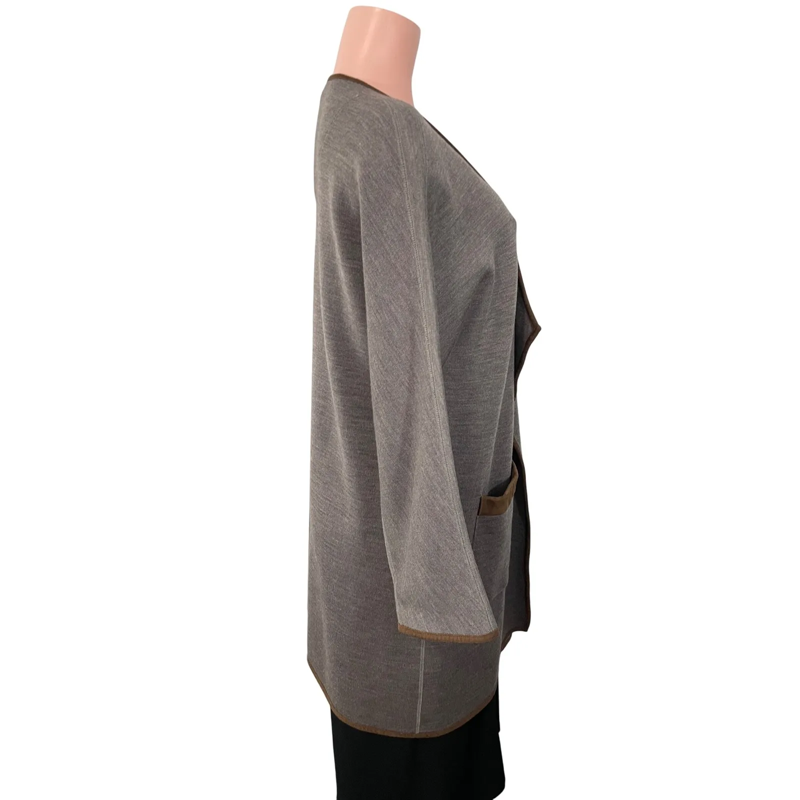 Soft Surroundings Cardigan Sweater Medium Taupe Brown Faux Suede Trim Open Front - Image 2