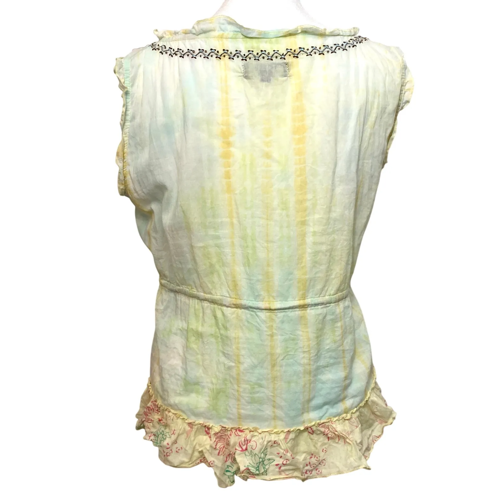 Vintage Y2K Tokyo Denim Bank Yellow Silk Hippie Embroidery Bead Tank Blouse Top Size M - Image 2