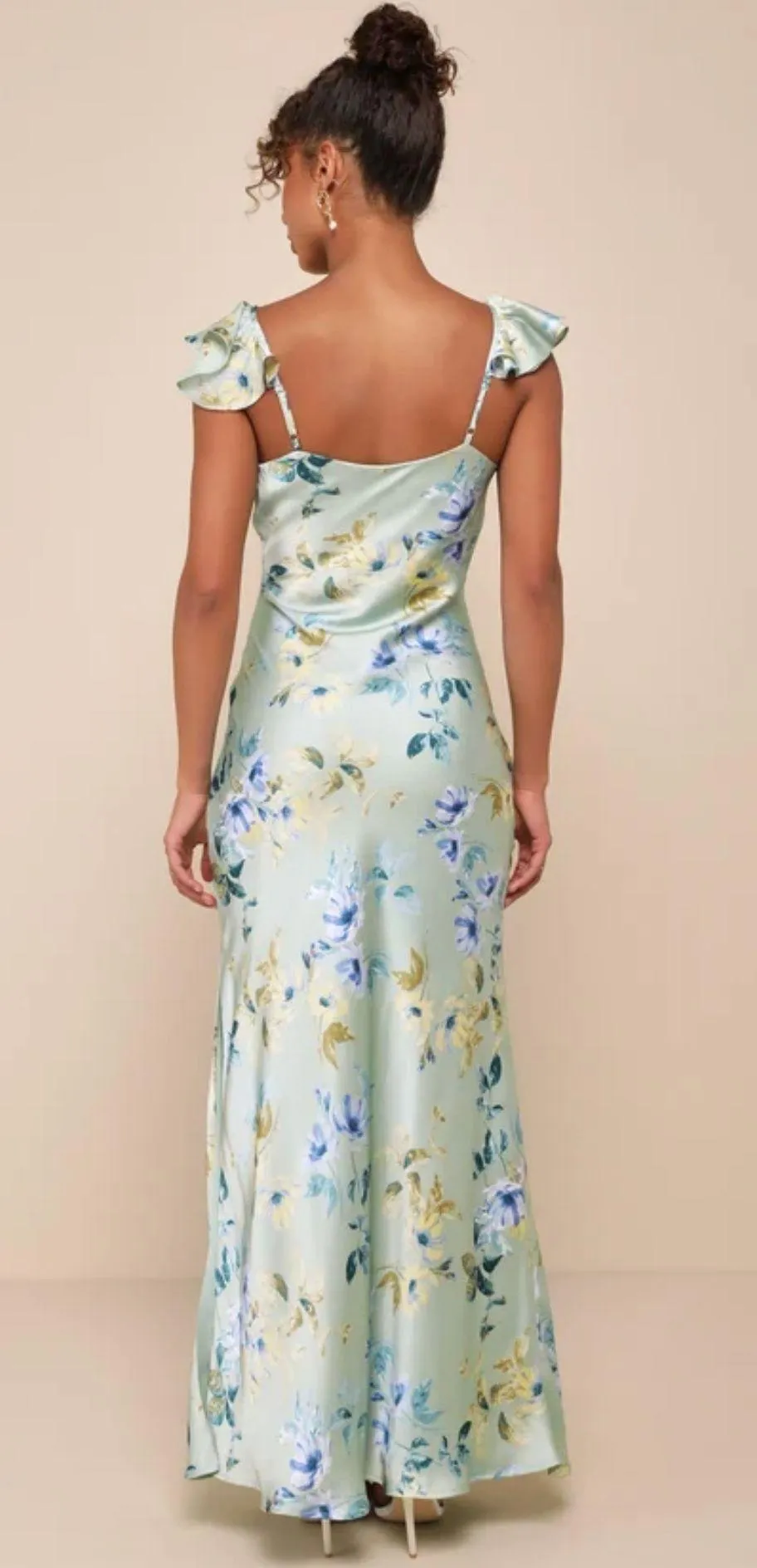 Lulus Sage Green Floral Satin Maxi Dress - Image 2