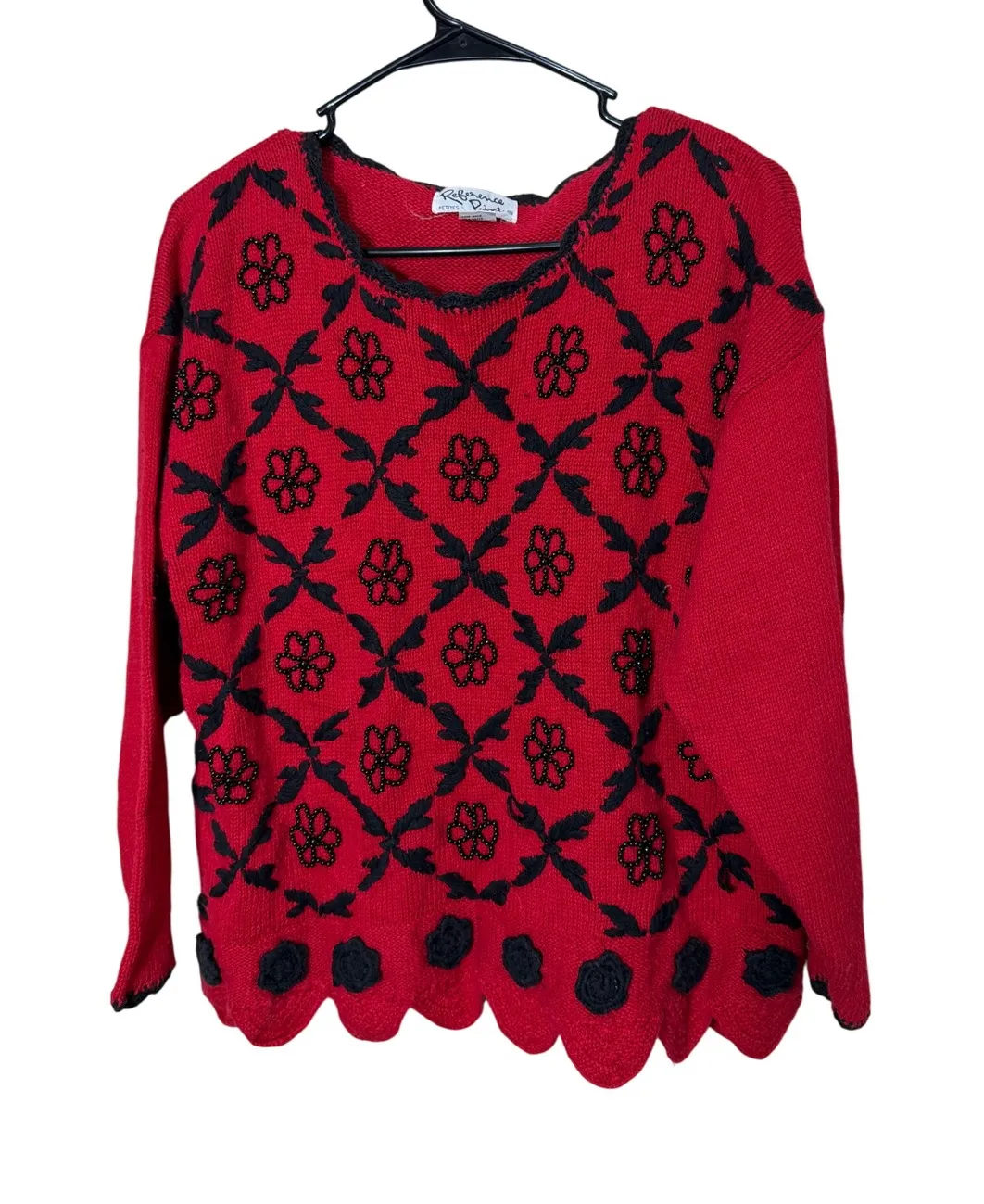 Vintage Reference Point Womens Red Black Floral Beaded Knit Sweater Size S - Image 1