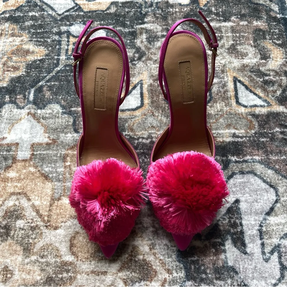 Aquazzura Satin Pom Pom Pink Slingback Heels Powder Puff Size 7 - Image 2