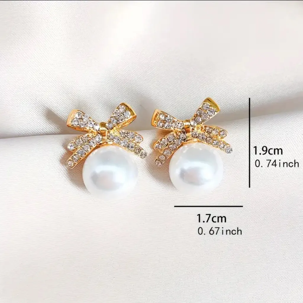 Cute Bowknot With Faux Pearl Stud Earrings Zinc Alloy Stud‎ Earrings Gold - Image 4