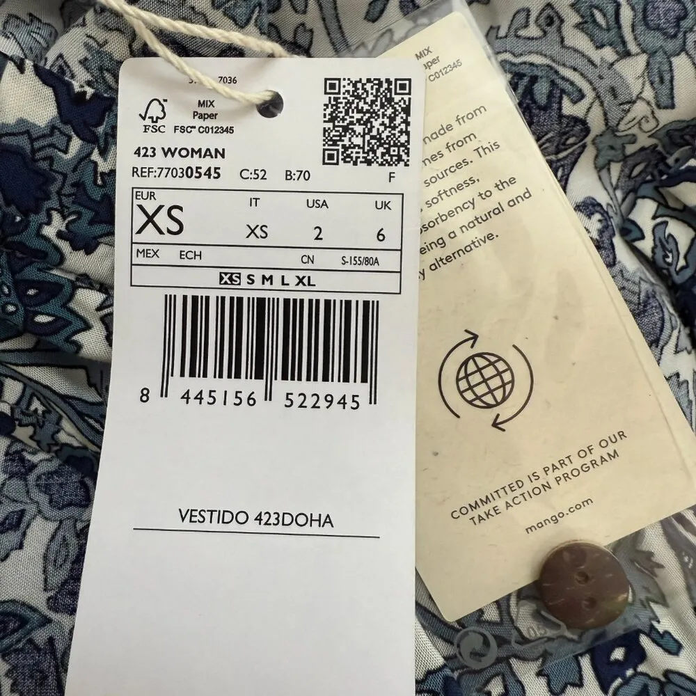 Mango Floral Paisley Print Button Up Tiered Maxi Dress Women's 2 Blue White NWT - Image 15