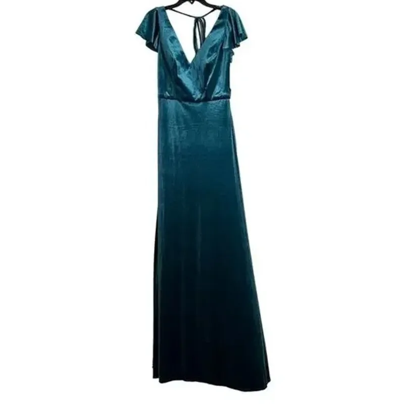 NWT After Six Lux Velvet Flutter Sleeve V Neck Maxi Dress Pockets 6 Dutch Blue - Image 2