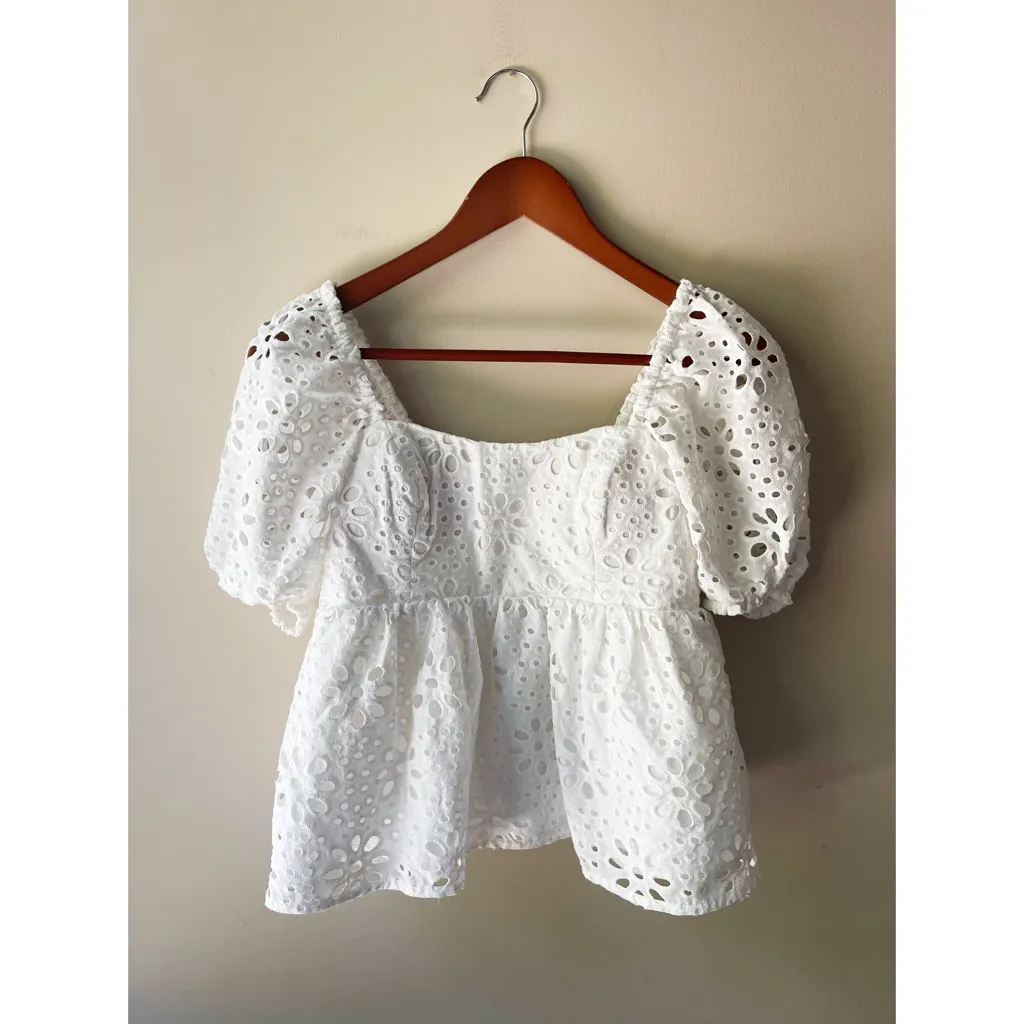 Lilly Pulitzer Kay White Eyelet Blouse Puff Sleeve Cotton Square Neck Size 00 - Image 4