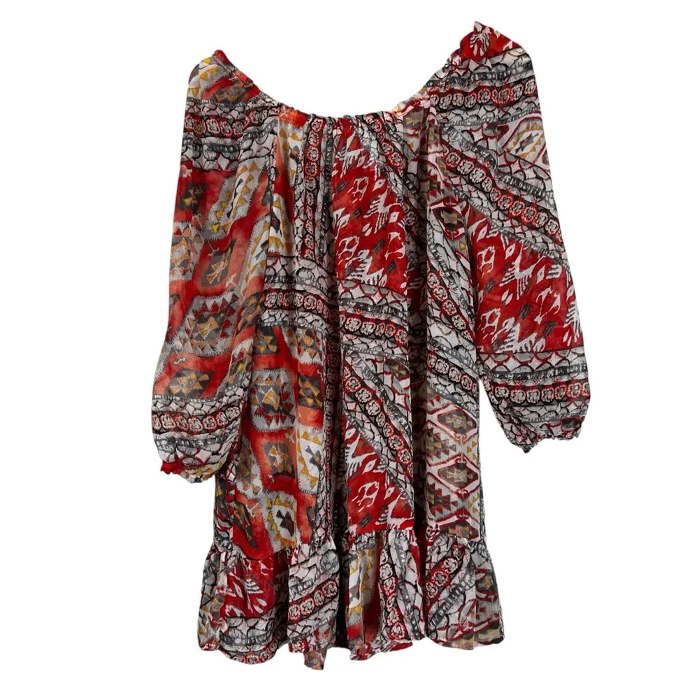 Aqua Blues Tunic Top Womens 1X Red Sheer Chiffon Tiered Y2K Boho Southwestern - Image 4