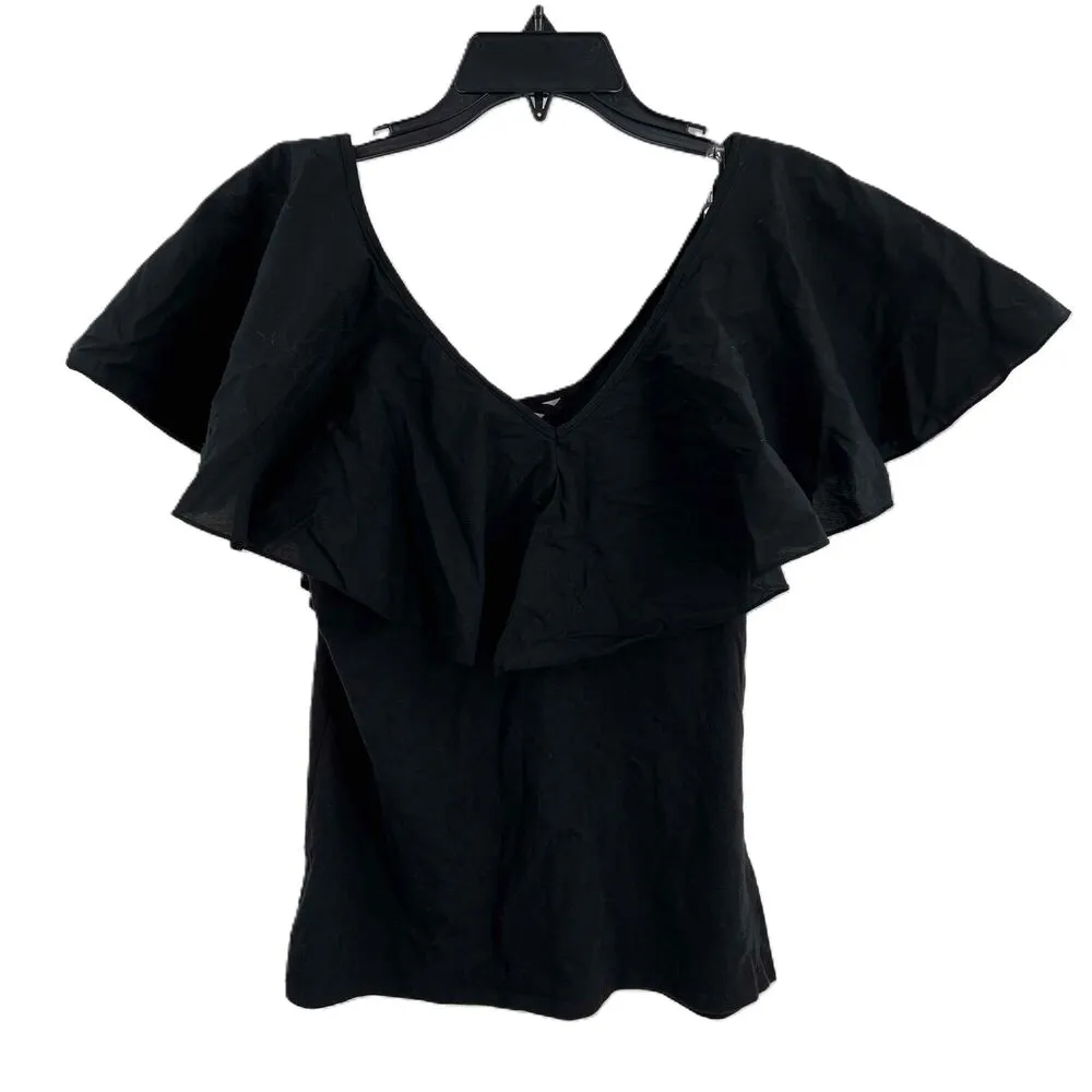 Who What Wear Black V Neck Ruffle Detail Short Sleeve Knit Stretch Blouse Medium - Image 2