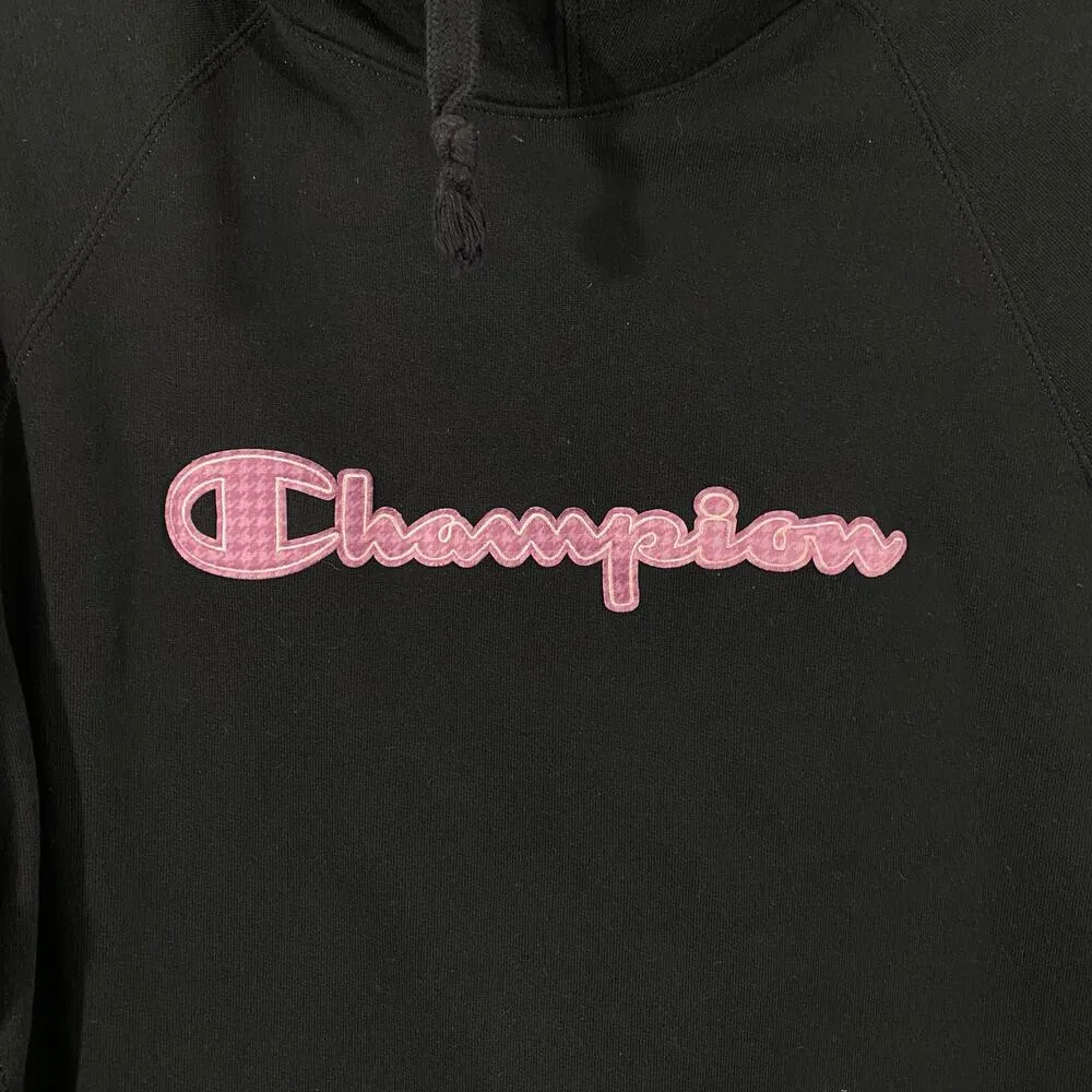 Champion Women's Black Pink Logo Patch Pullover Hoodie Size L - Image 3