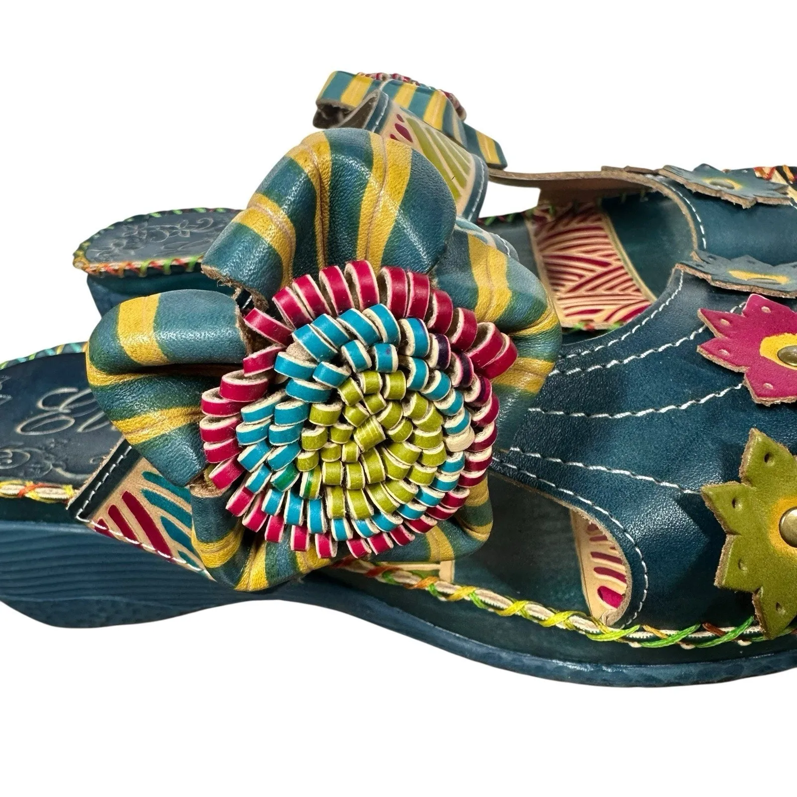 Elite by Corkys Love Wedge Sandals Slides Blue Multicolor Leather Sz 9 NEW Artsy - Image 2