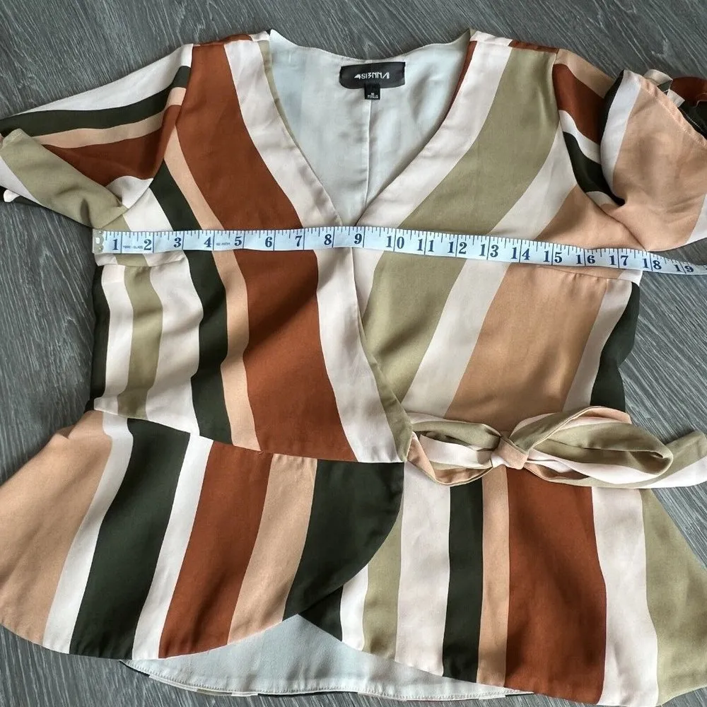 4Siennai Womens Size M Short Sleeve Wrap Blouse Striped Brown Earth Shades Size M - Image 6