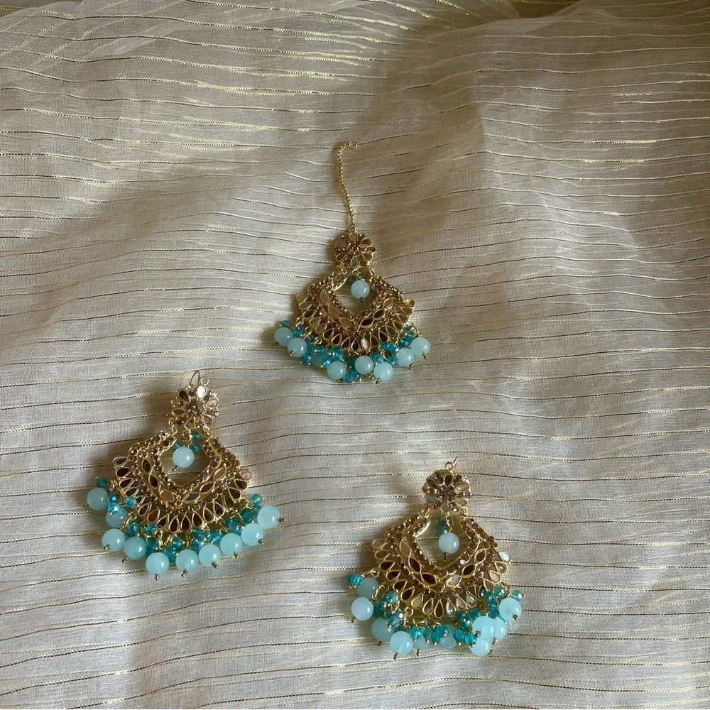 Pakistani Indian Earings Jhumka Tikka Gold Plated Kundan Jewelry Set Light Blue - Image 5
