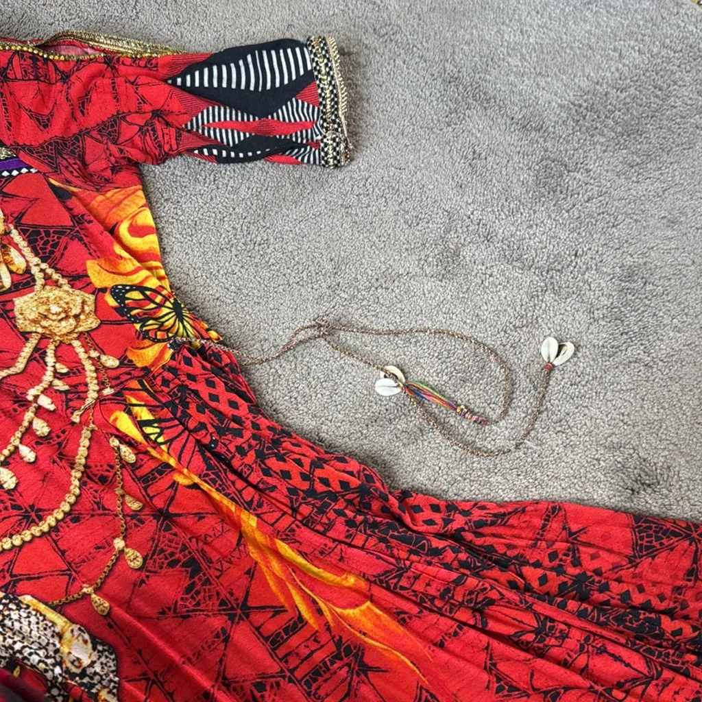 Bumble Bee Vibrant Patterned Indian Dress SIZE S Red - Image 6