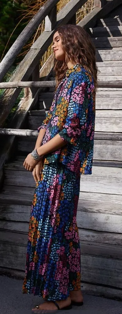 JOHNNY WAS Astrid Pleated‎ Pant and Shirt set Size Extra Large Floral Wide Leg - Image 2