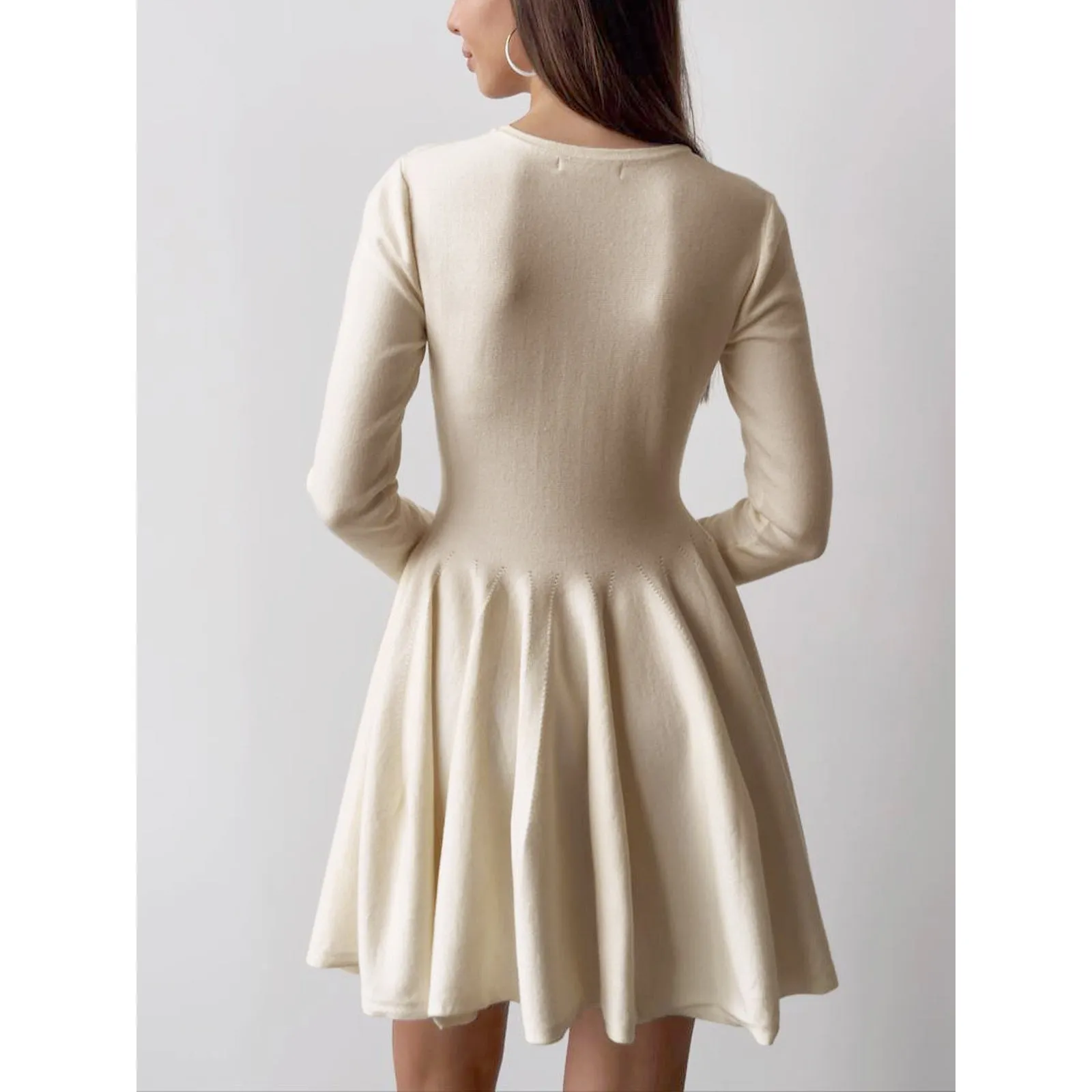 Commense Minimalist Skater Pleated Ivory Stretch Knit Sweater Mini Dress Medium - Image 7
