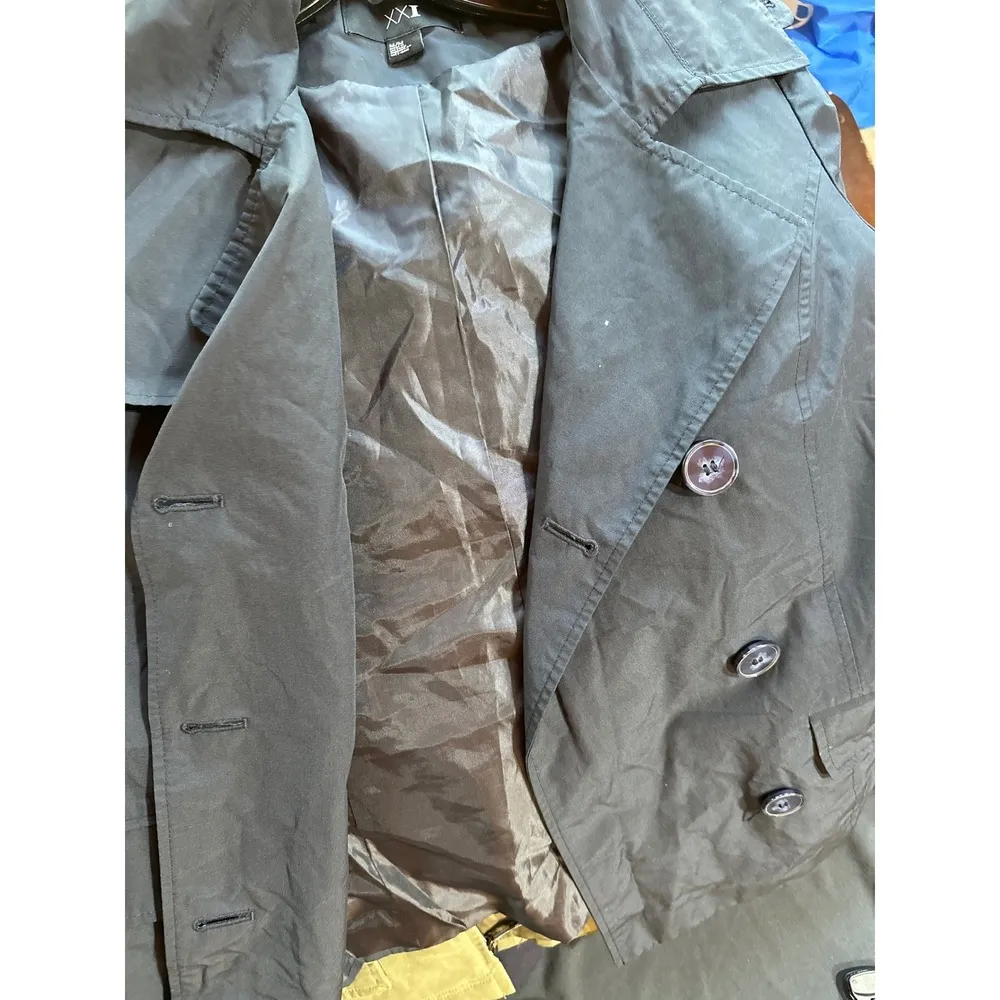 XXI Trench Coat Rain Jacket Double Breasted Button Up Blue Medium. Missing belt - Image 3