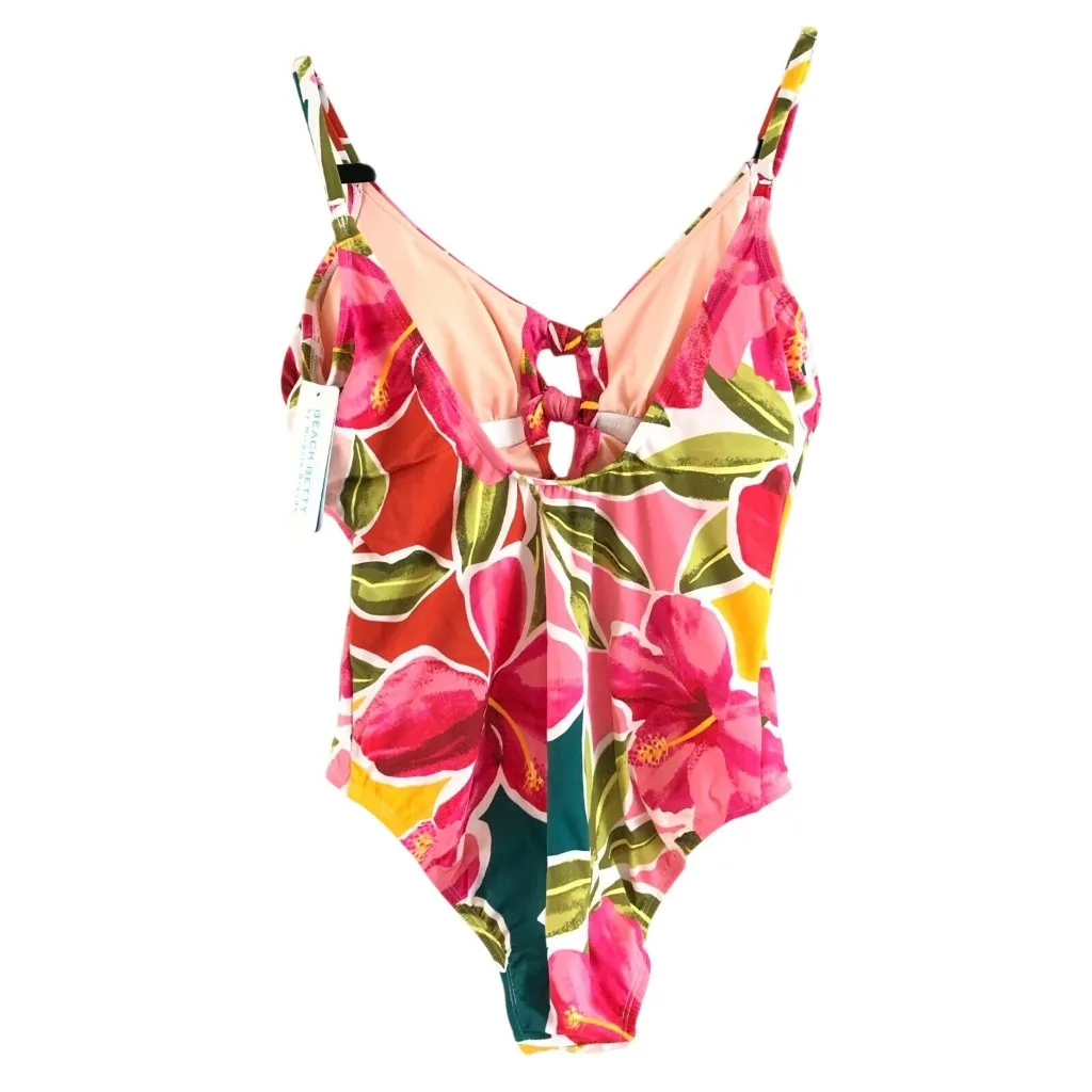 Beach Betty by Miracle Brands One Piece Swimsuit Keyhole Floral Pink Yellow L Size L - Image 2