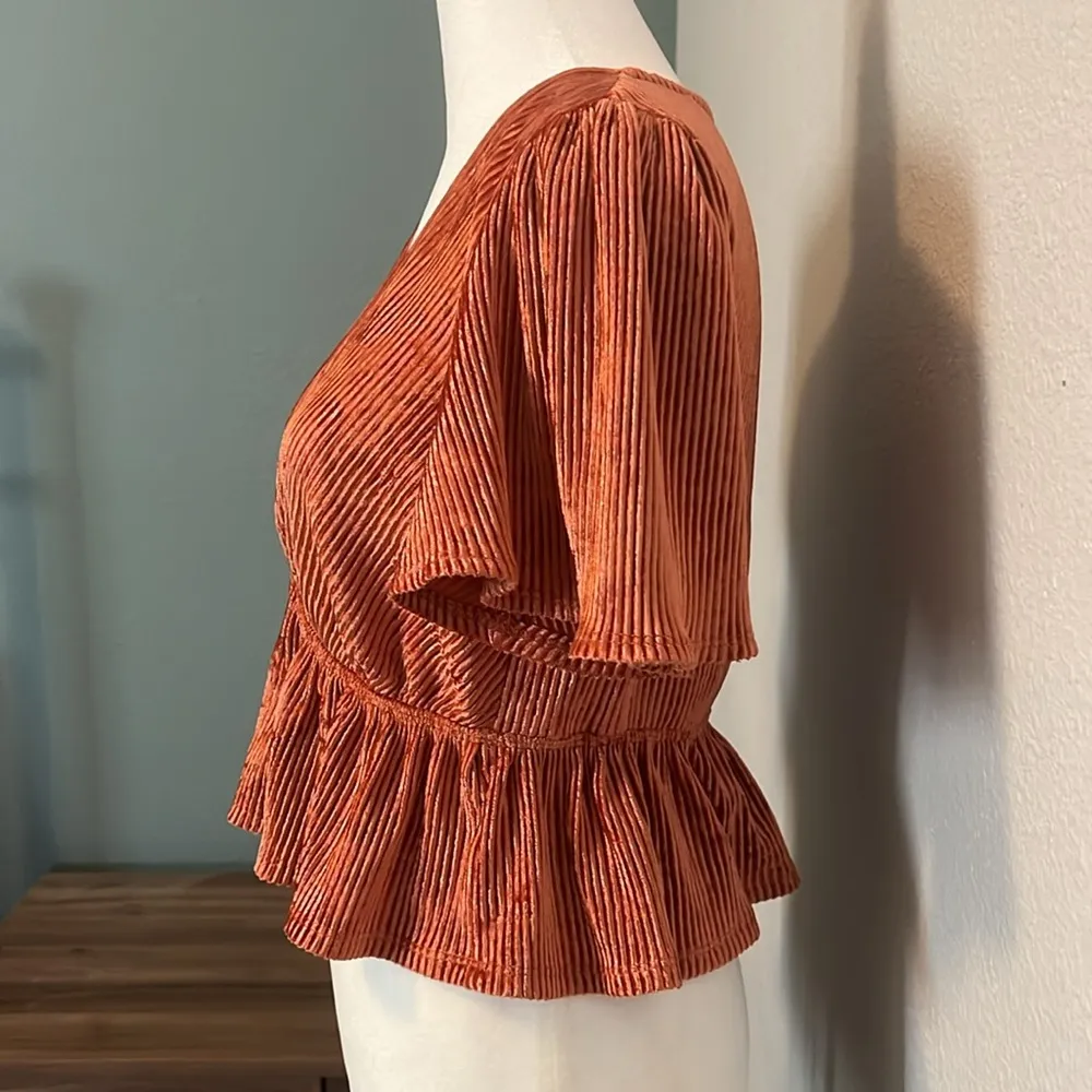 Urban Outfitters Velvet Ribbed Peplum Deep VNeck Crop Top Size Medium - Image 2