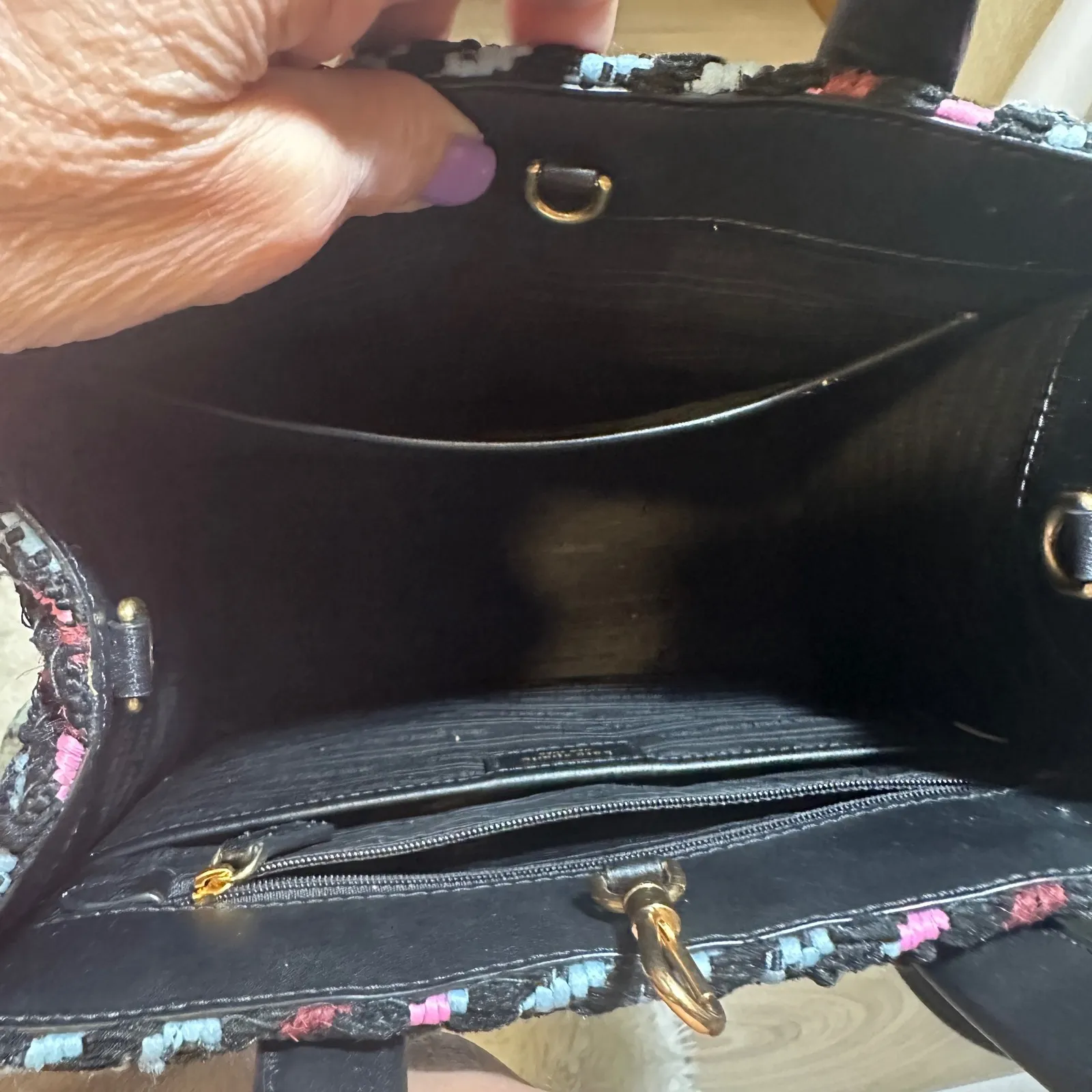 Kate Spade Small Woven Plaid Tweed Manhattan Tote Burgundy Pink Blue - Image 8