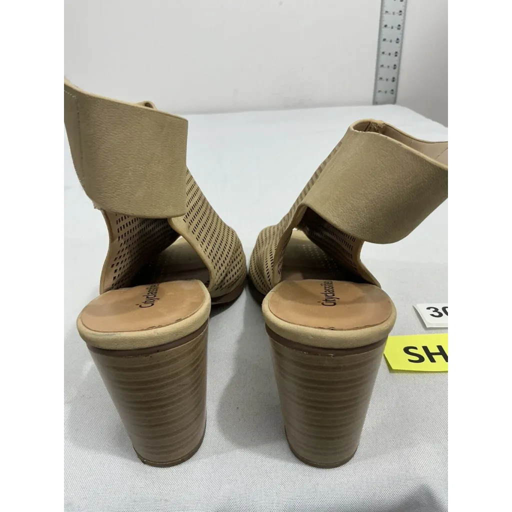 Womans City Classified Size 9 Beige Peep Toe Sling Back Vented Heel Ankle Shoes Tan - Image 5
