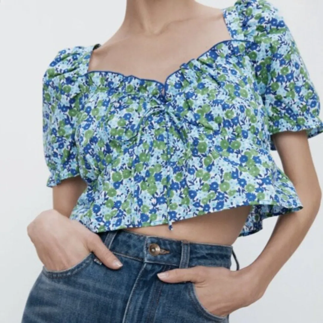 ZARA Floral Ruffle Crop Top Small Blue Green Puff Sleeve - Image 5