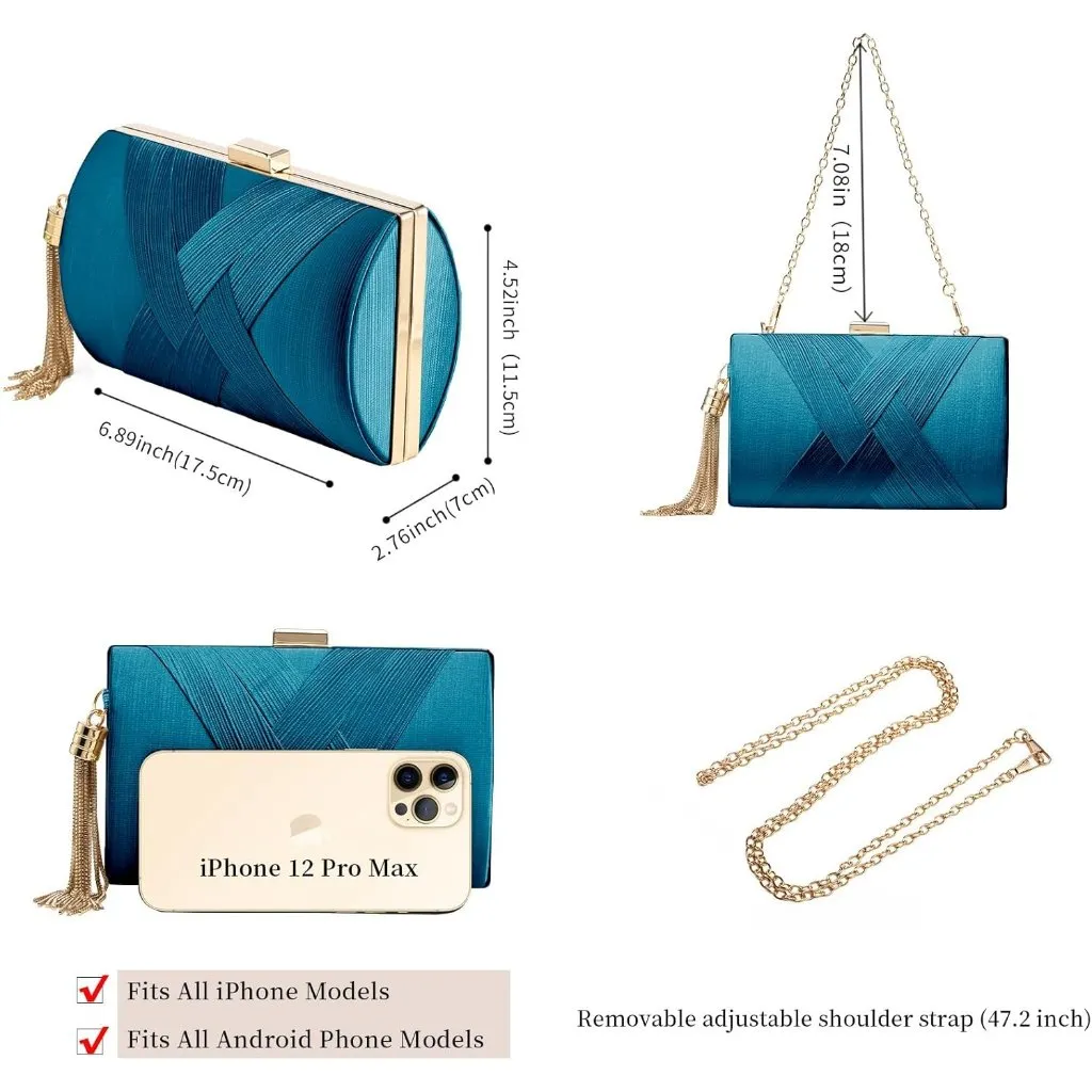 ⚡ Women's Dark Blue Elegant Tassel Chain Strap Evening Shoulder Clutch Bag - Image 3