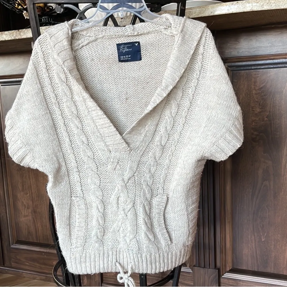 American Eagle Sweater Natural Oatmeal Oversized Cable knit Hoodie Womens XS S - Image 4