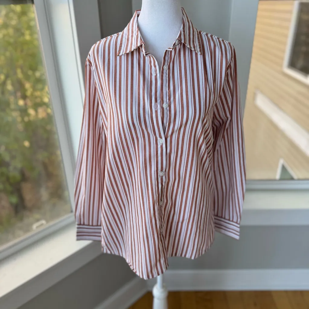 Vintage America’s Sweetheart Orange White Striped Cotton Button Down Dress Shirt - Image 11