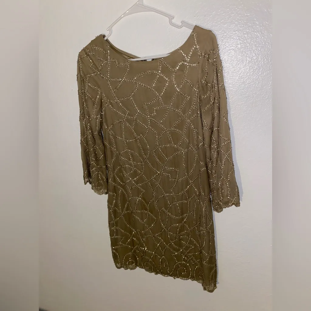 Alice + Olivia Silk Champagne Beaded Long Sleeve Mini Dress Size Small - Image 2