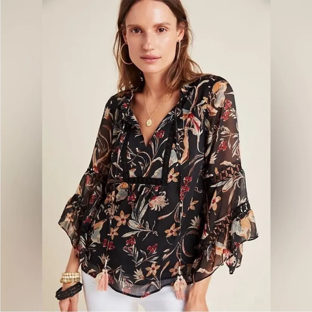 MAEVE • Odette‎ Bird Floral Bell 3/4 Sleeve Peasant Shirt Sz XS - Image 2