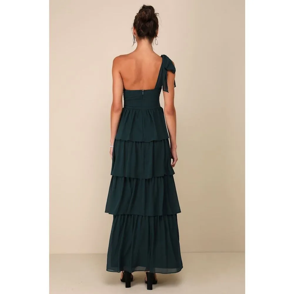 Lulus Emerald Green One Shoulder Tie Maxi Dress Tiered Ruffle Chiffon Gown Large - Image 9