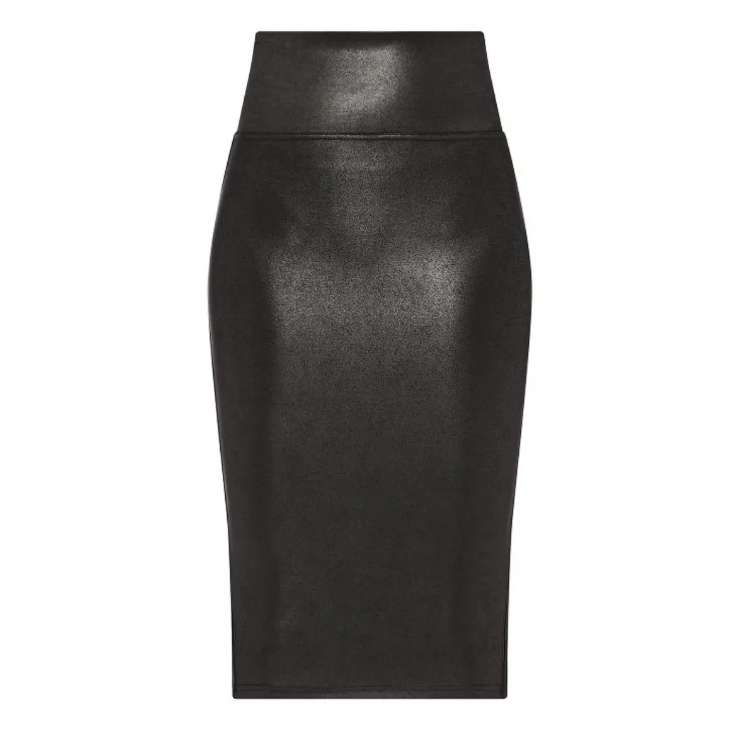 Spanx Faux Leather Pencil Skirt Very Black High-Waist Shiny Stretchy Edgy Midi - Image 8