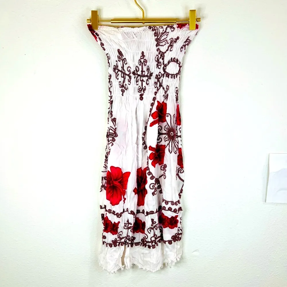 Strapless Smocked Dress White Pink Floral Boho Beach Cover - Image 6