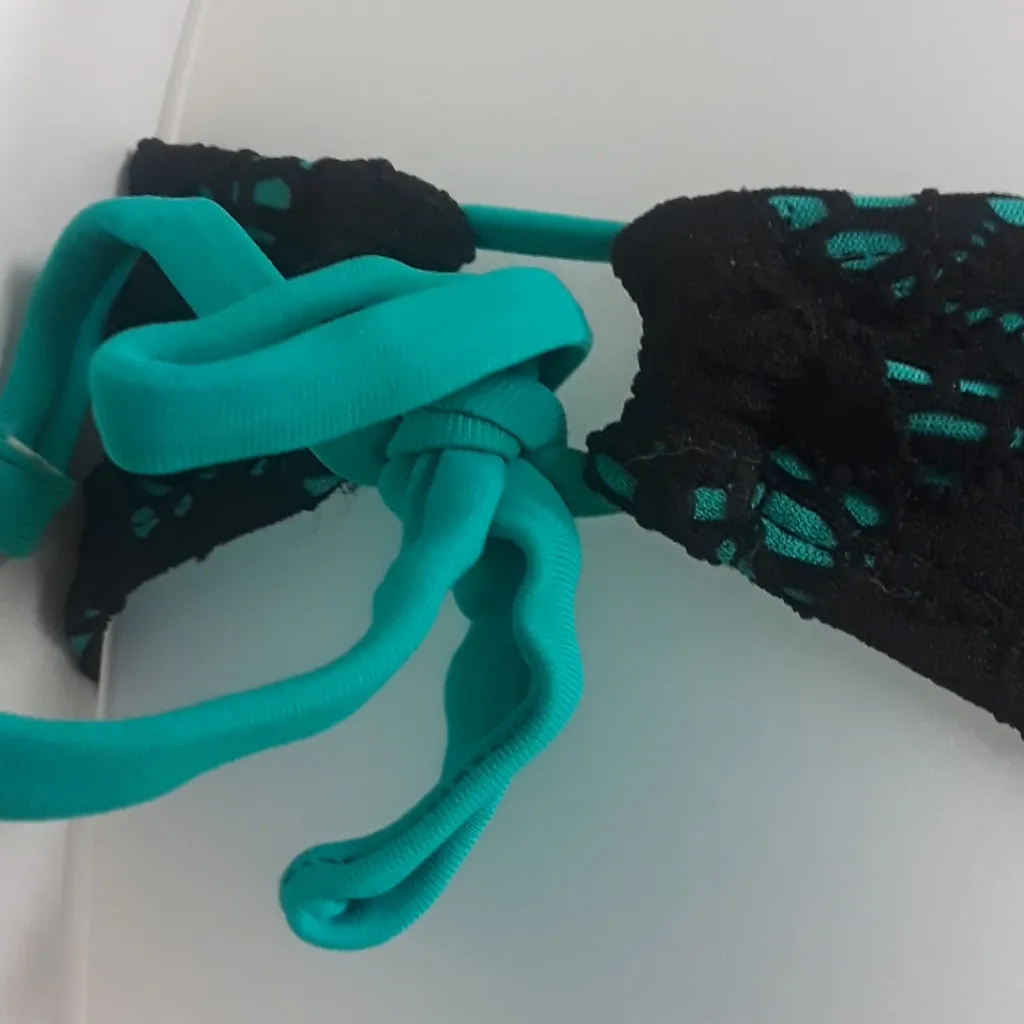 California Waves 2pc Black Crochet Lace Over Teal Bikini Set - Image 5