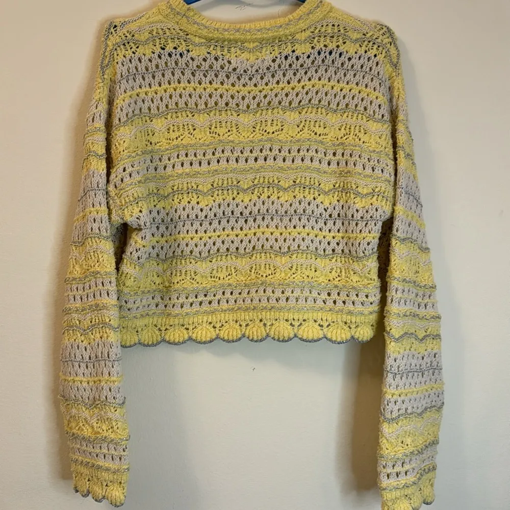 Zara Yellow/Silver Pointelle Cropped Sweater  Sz 11-13 Semi Sheer XC - Image 3