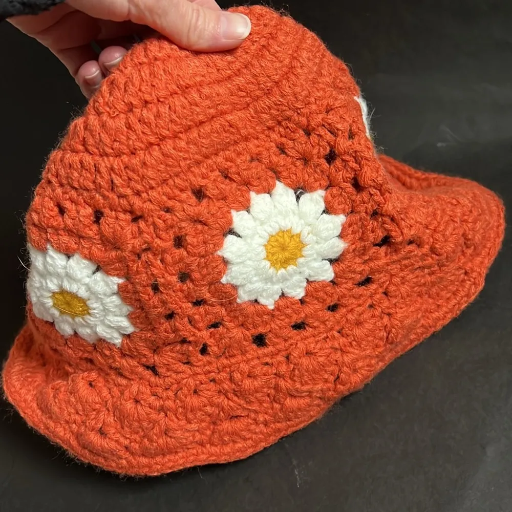 Handmade Orange  Flower Crochet Bucket Hat - Image 4