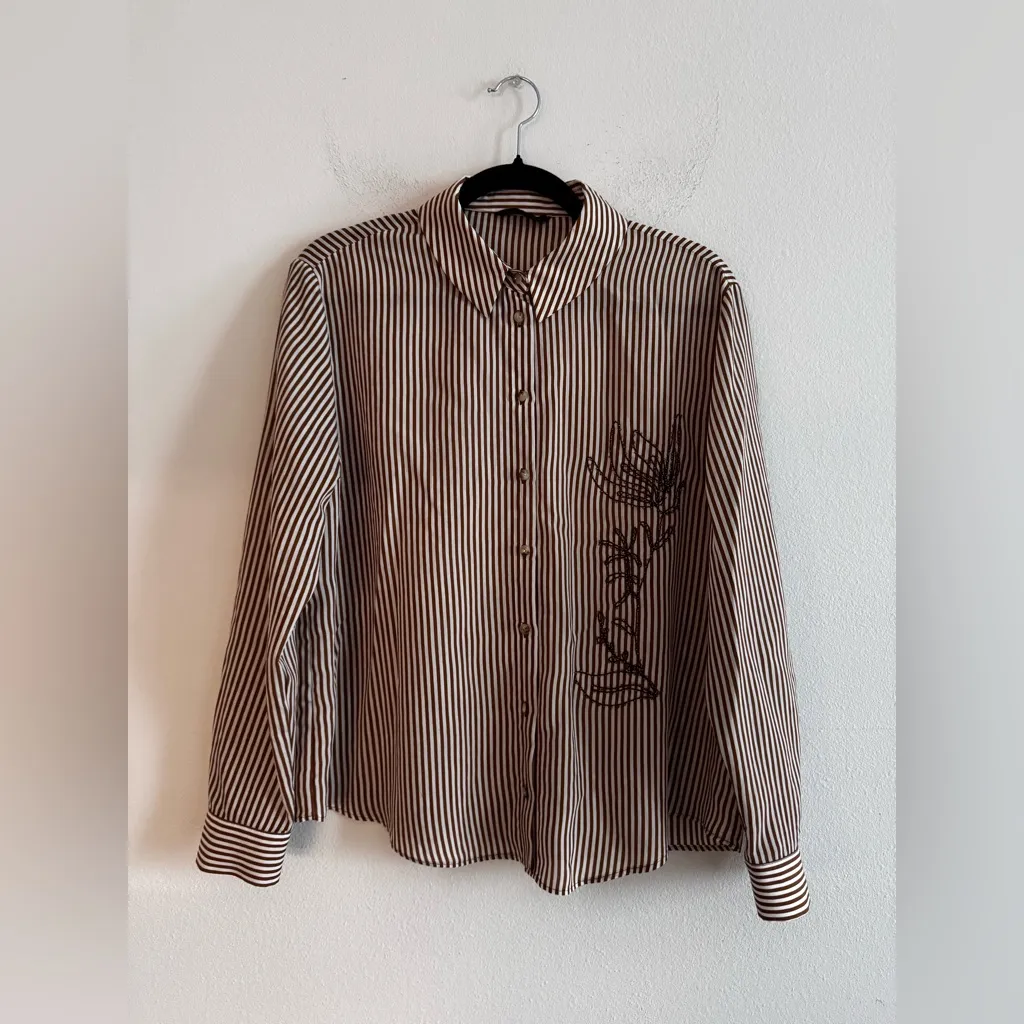 Zara Striped Embroidered Beaded Shirt S Brown / Ecru - Image 2